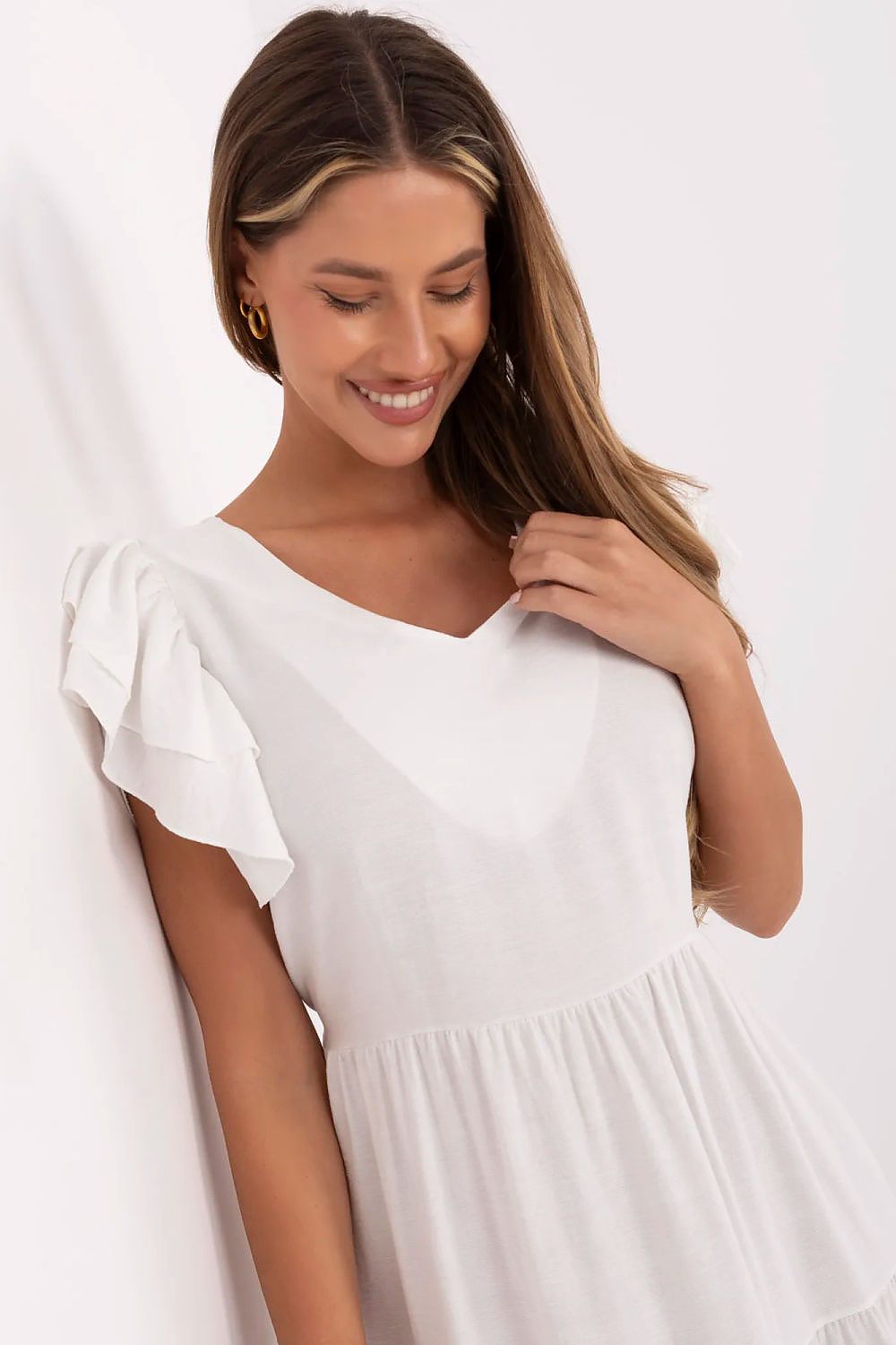 Summer Midi Dress Flared Cut Flutter Sleeves V-Neck Back Buttons Waist Tie