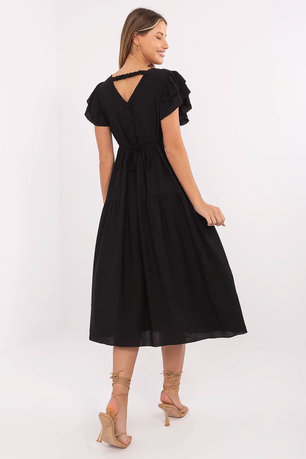 Summer Midi Dress Flared Cut Flutter Sleeves V-Neck Back Buttons Waist Tie