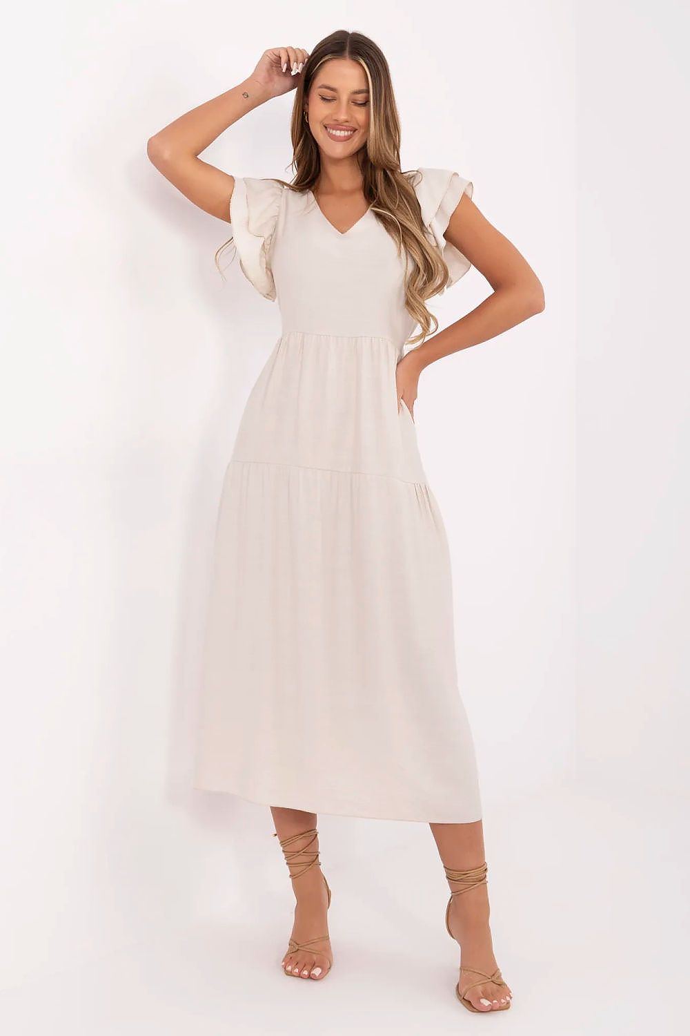 Summer Midi Dress Flared Cut Flutter Sleeves V-Neck Back Buttons Waist Tie