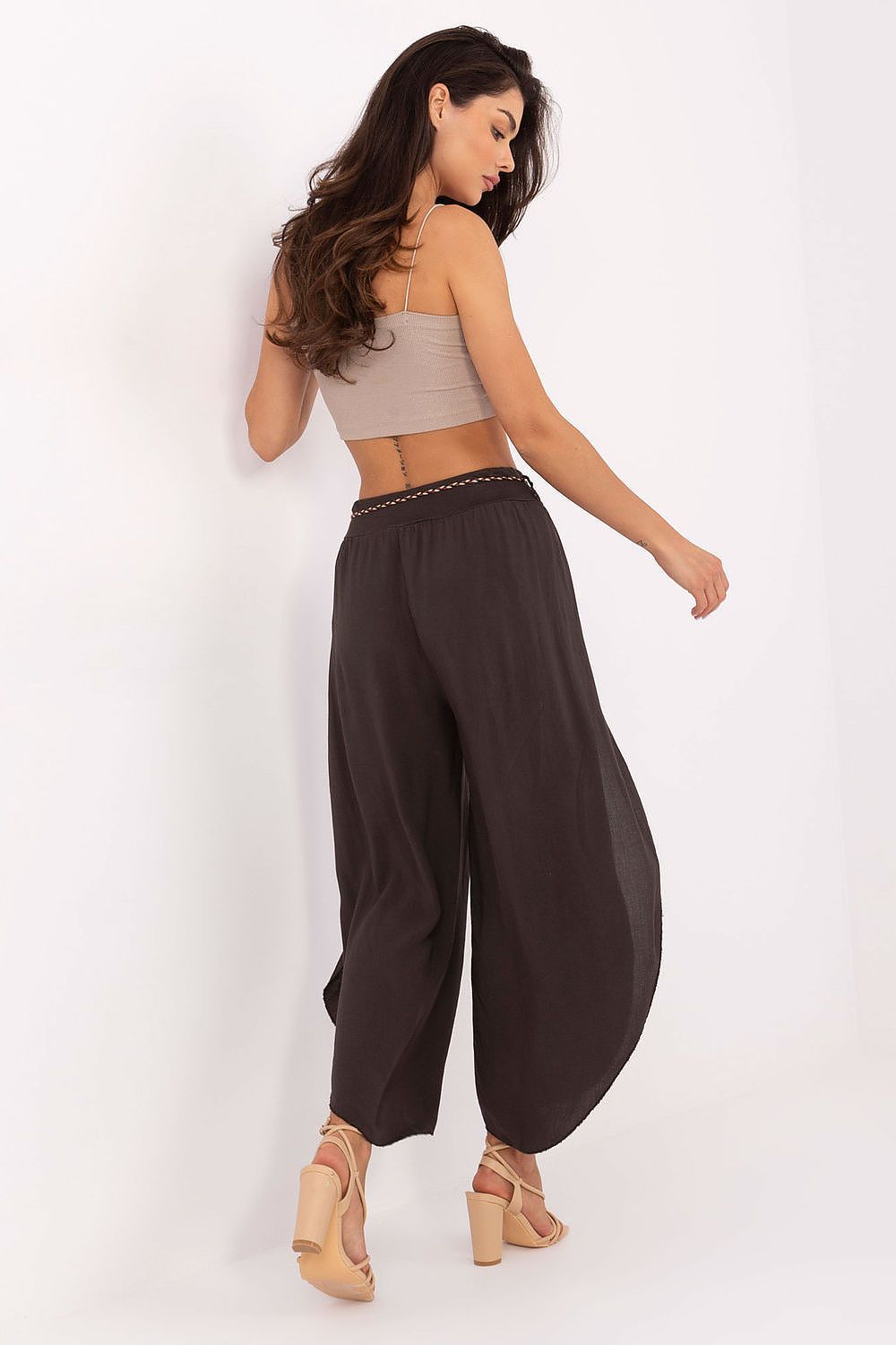 Women's High Waist Viscose Trousers - Airy Pants with Decorative Tie