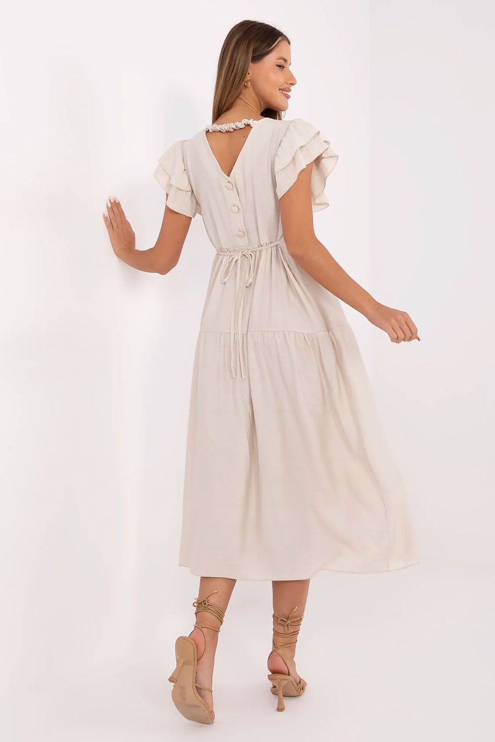 Summer Midi Dress Flared Cut Flutter Sleeves V-Neck Back Buttons Waist Tie