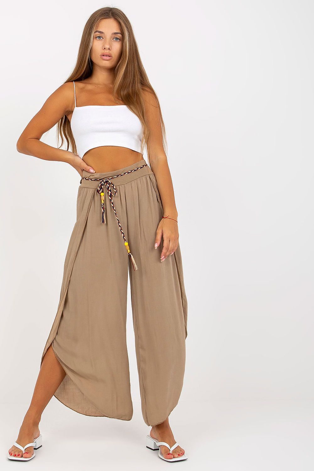 Women's High Waist Viscose Trousers - Airy Pants with Decorative Tie