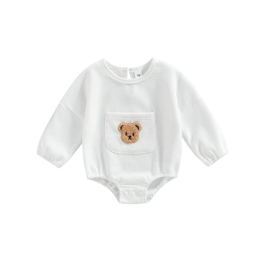 Cute Bear Embroidery Baby Romper | With Front Pocket - # BAAA21110057