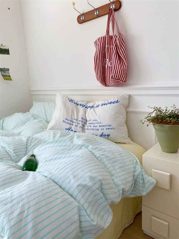 Pink & Yellow Striped Cotton Duvet Cover Set