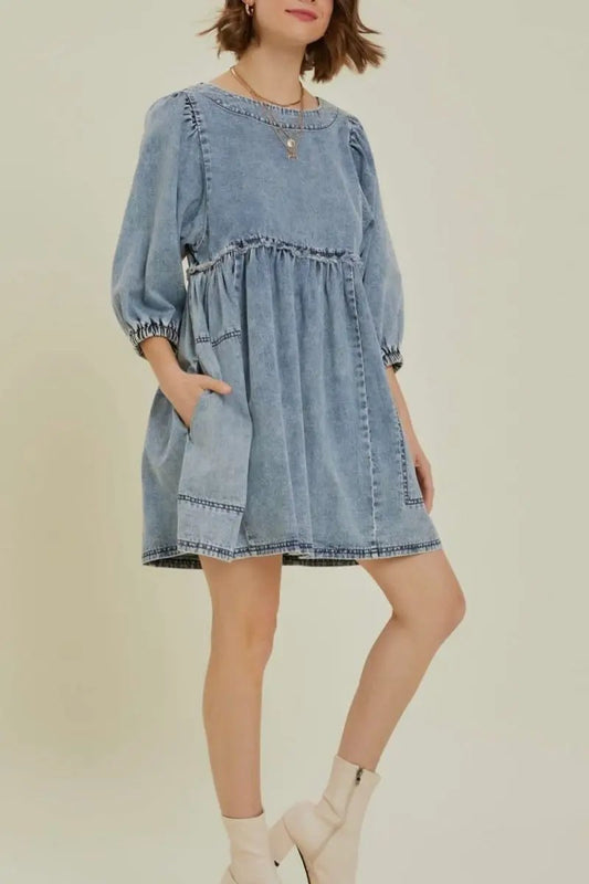 Vestidos Vestido vaquero de moda para mujer, informal, minivestido, con recortes, cuello redondo y manga globo