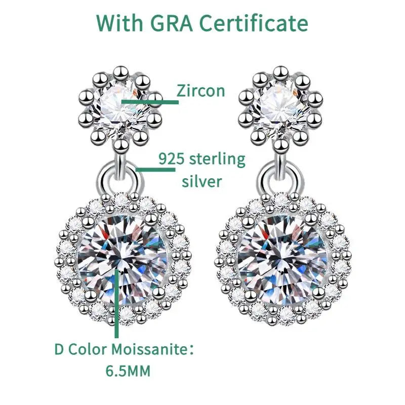 1CT 2Pcs D-Color Moissanite Drop Earrings 925 Sterling Silver With Certificate