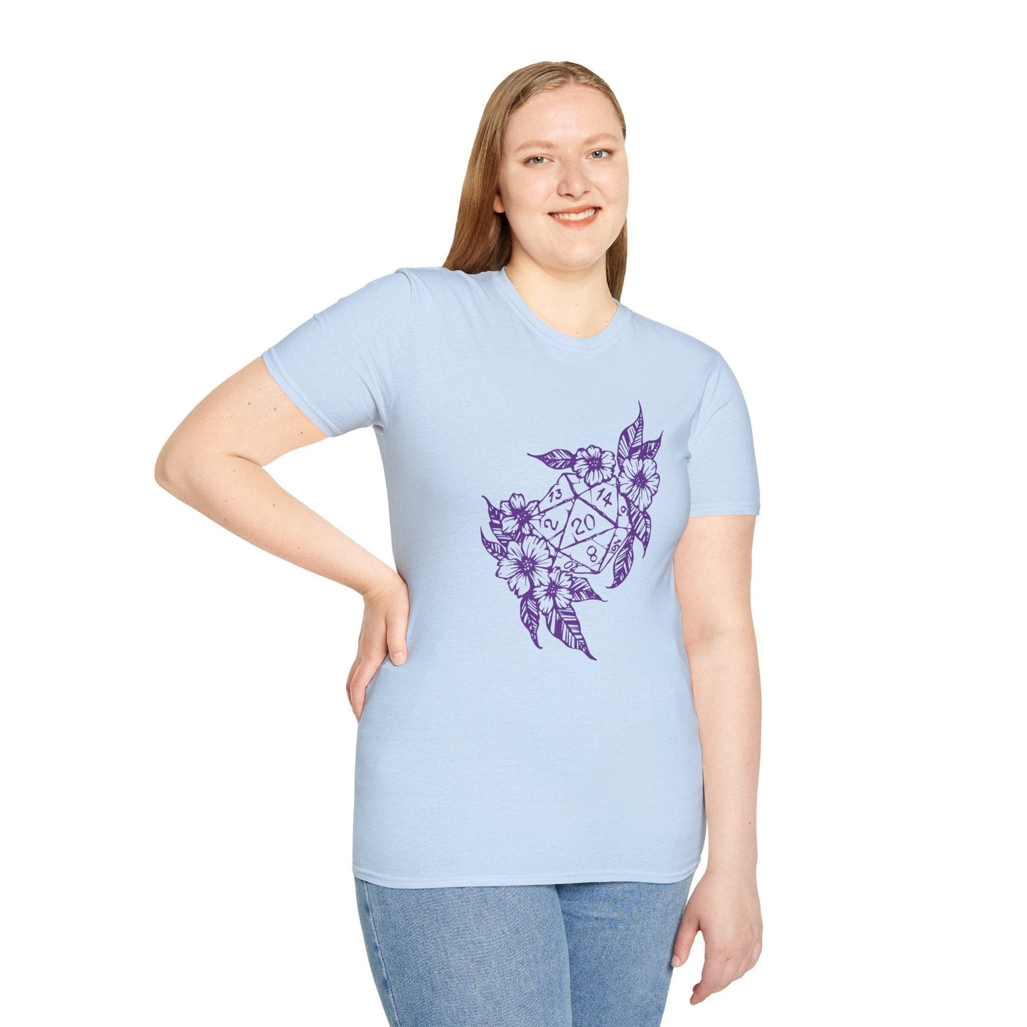 Camiseta con diseño de dados D20 de D&D y flores