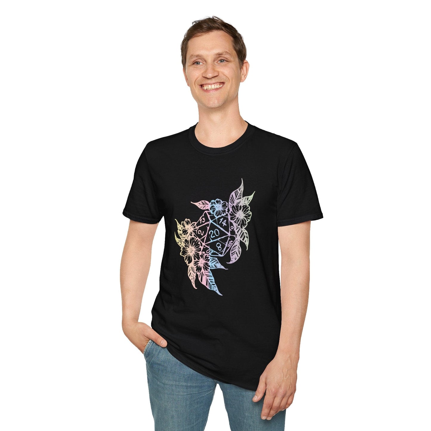Camiseta con diseño de dados D20 de D&D y flores