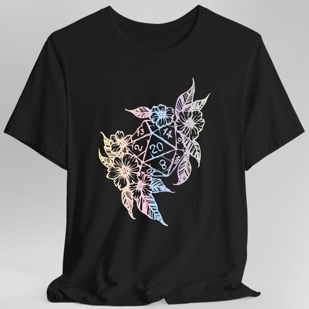 Camiseta con diseño de dados D20 de D&D y flores