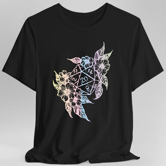 Camiseta con diseño de dados D20 de D&D y flores