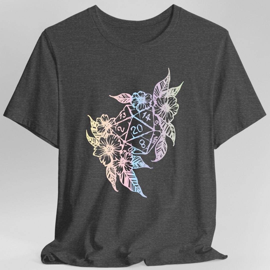 Camiseta con diseño de dados D20 de D&D y flores