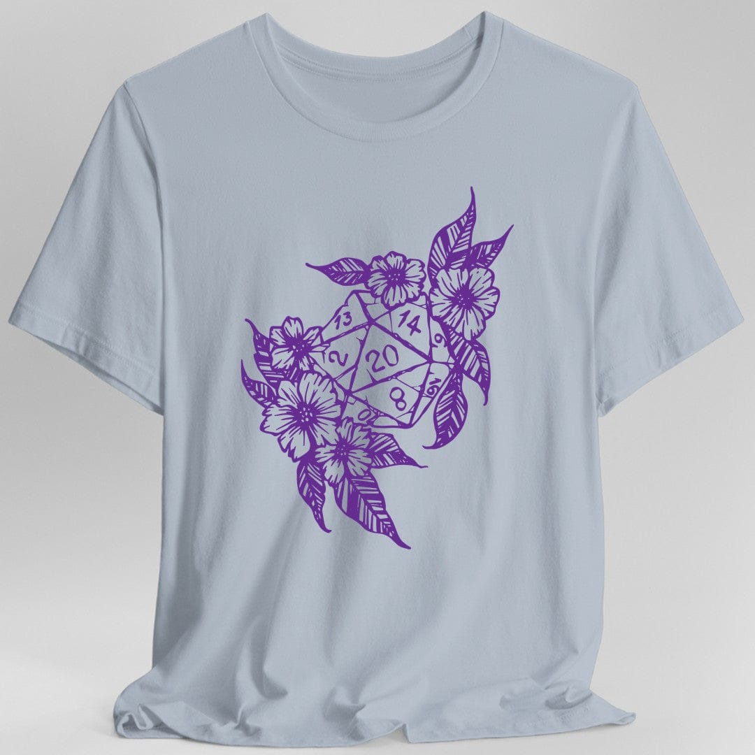 Camiseta con diseño de dados D20 de D&D y flores