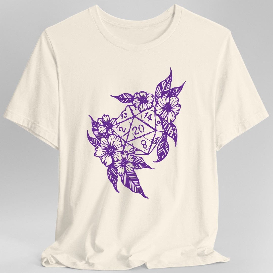 Camiseta con diseño de dados D20 de D&D y flores