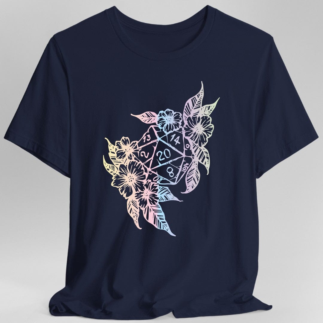 Camiseta con diseño de dados D20 de D&D y flores