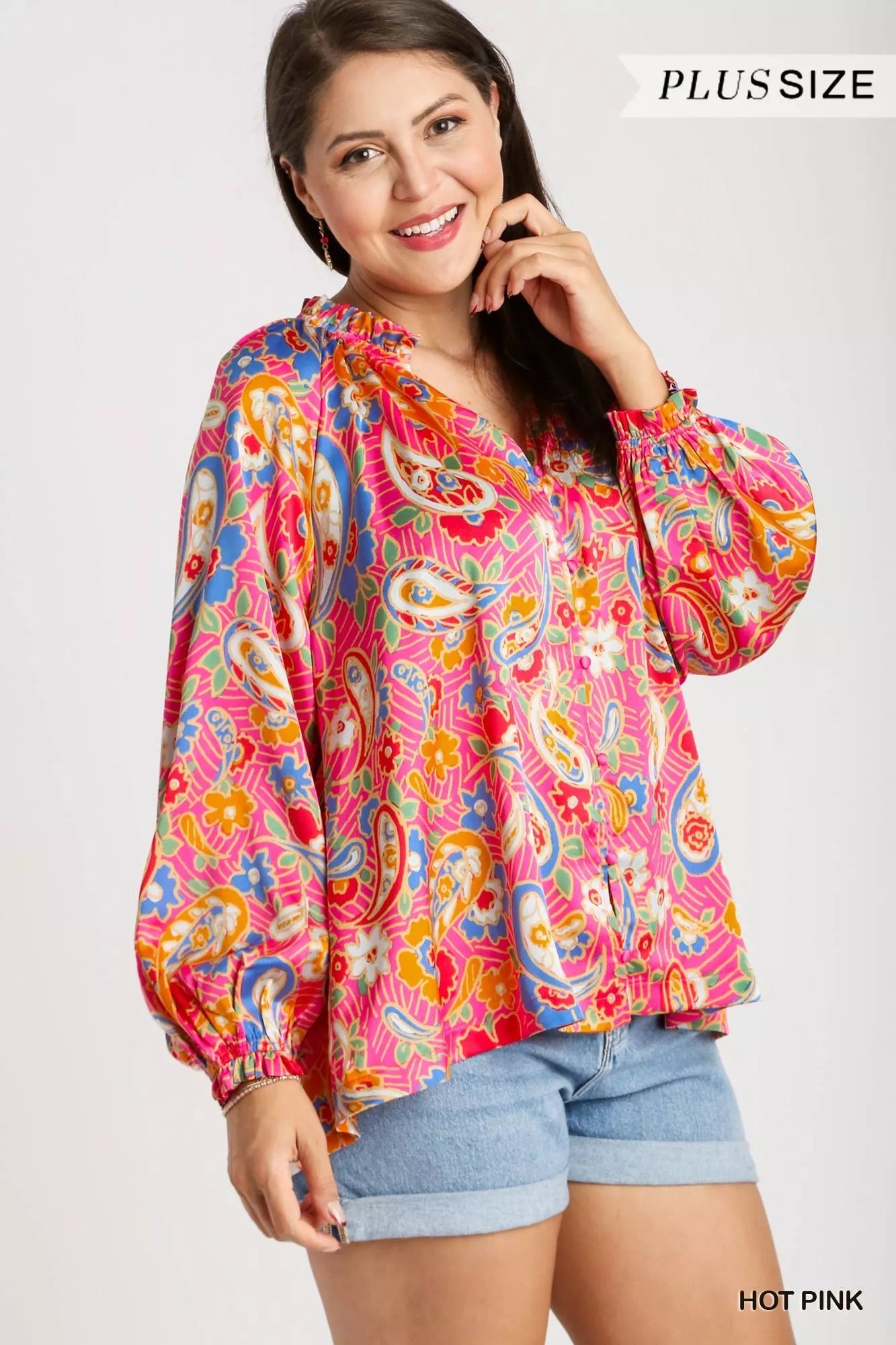Full Size Satin Paisley Ruffle Neck Button-Up Shirt Plus Size