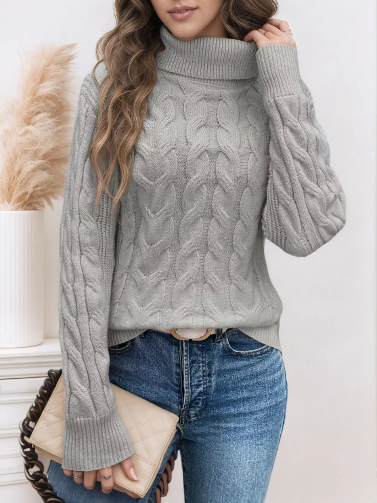 Cable Knit Turtleneck Long Sleeve Sweater
