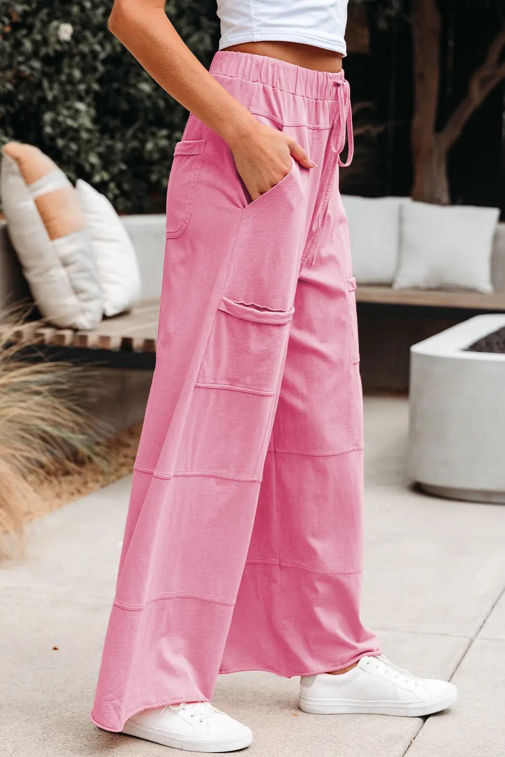 Love Salve Mineral Wash Pink Cargo Pants Women's Casual Wide Leg + Drawstring