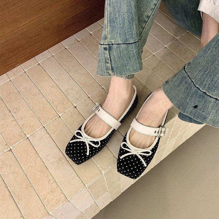 Women French Vintage Polka Dot Ballet Flats, New Spring Shallow Vamp Mary Jane Flat Shoes For Dresses