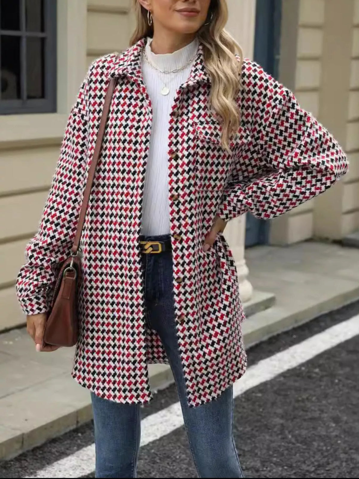 Houndstooth Button Up Long Sleeve Coat