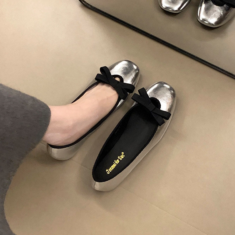 Women Elegant Round Square Toe Hidden Height Flats, Bow Decor Mary Jane Slip On Ballet Shoes, Matching Dress Casual Footwear 2026