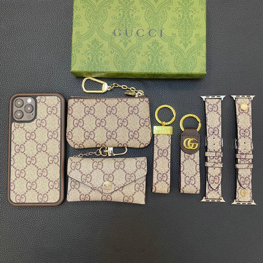 Set de regalo de moda (funda para iPhone+llavero+monedero+tarjetero+correa de reloj)