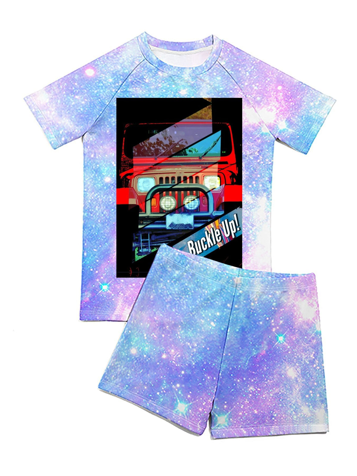 Buckle Up! 4-wheel Drive Short Sleeved 2-piece Swimsuit for Children