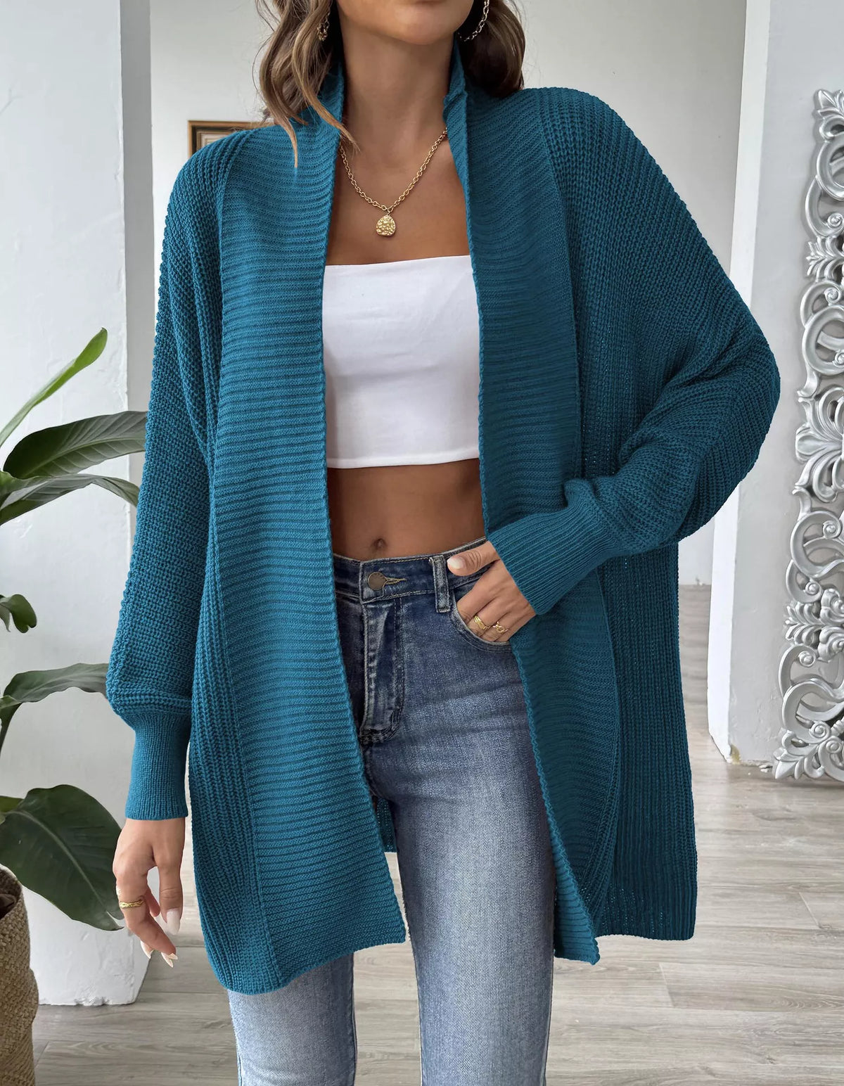 Open Front Ribbed Knit Cardigan