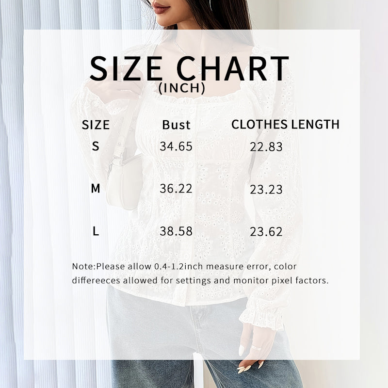 Blusa de mujer de encaje calado con cuello cuadrado – Top de manga abullonada con botones calados