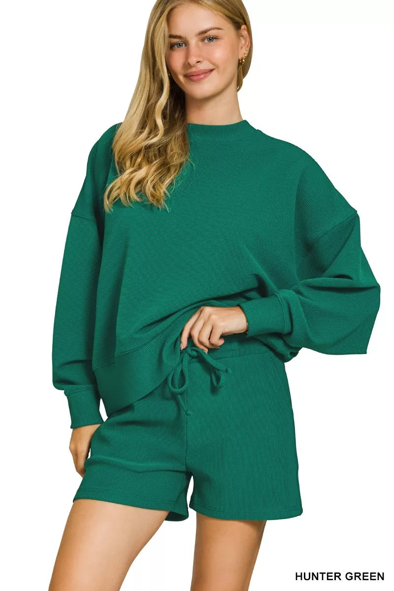 Zenana Ribbed Round Neck Pullover and Shorts Set in Green