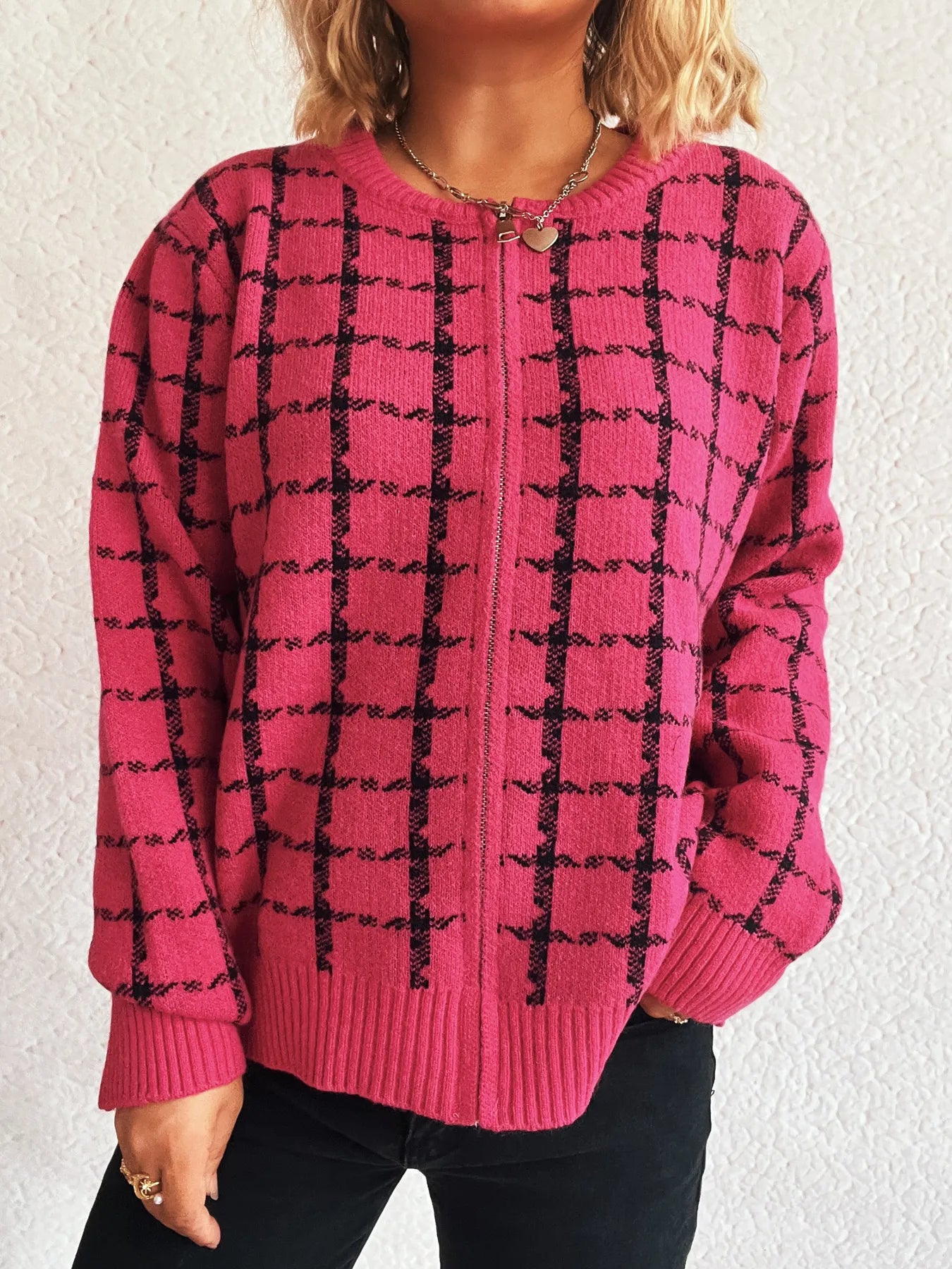 Plaid Pattern Zip Up Cardigan