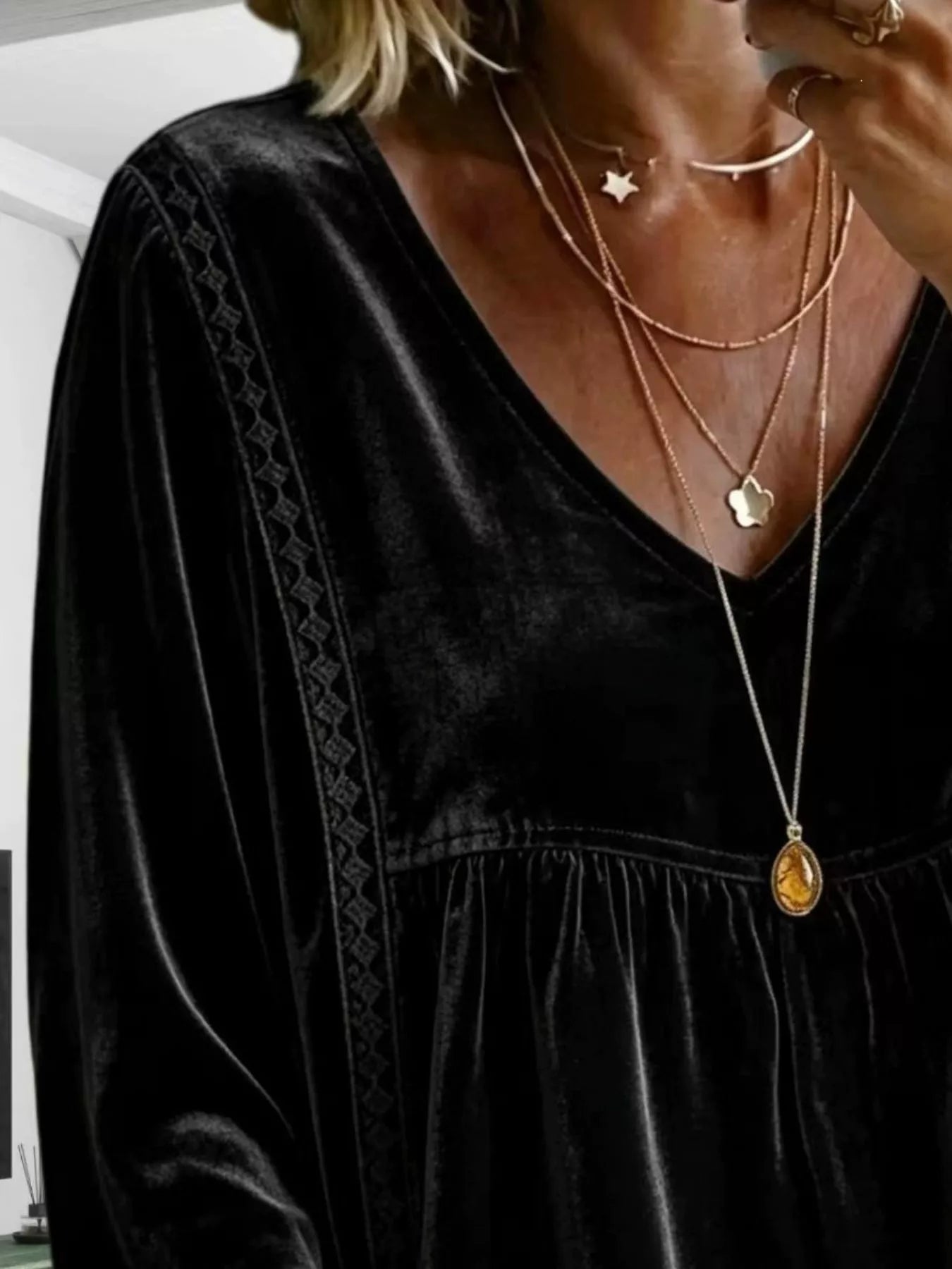 Full Size Velvet Lace Detail V-Neck Blouse Plus Size