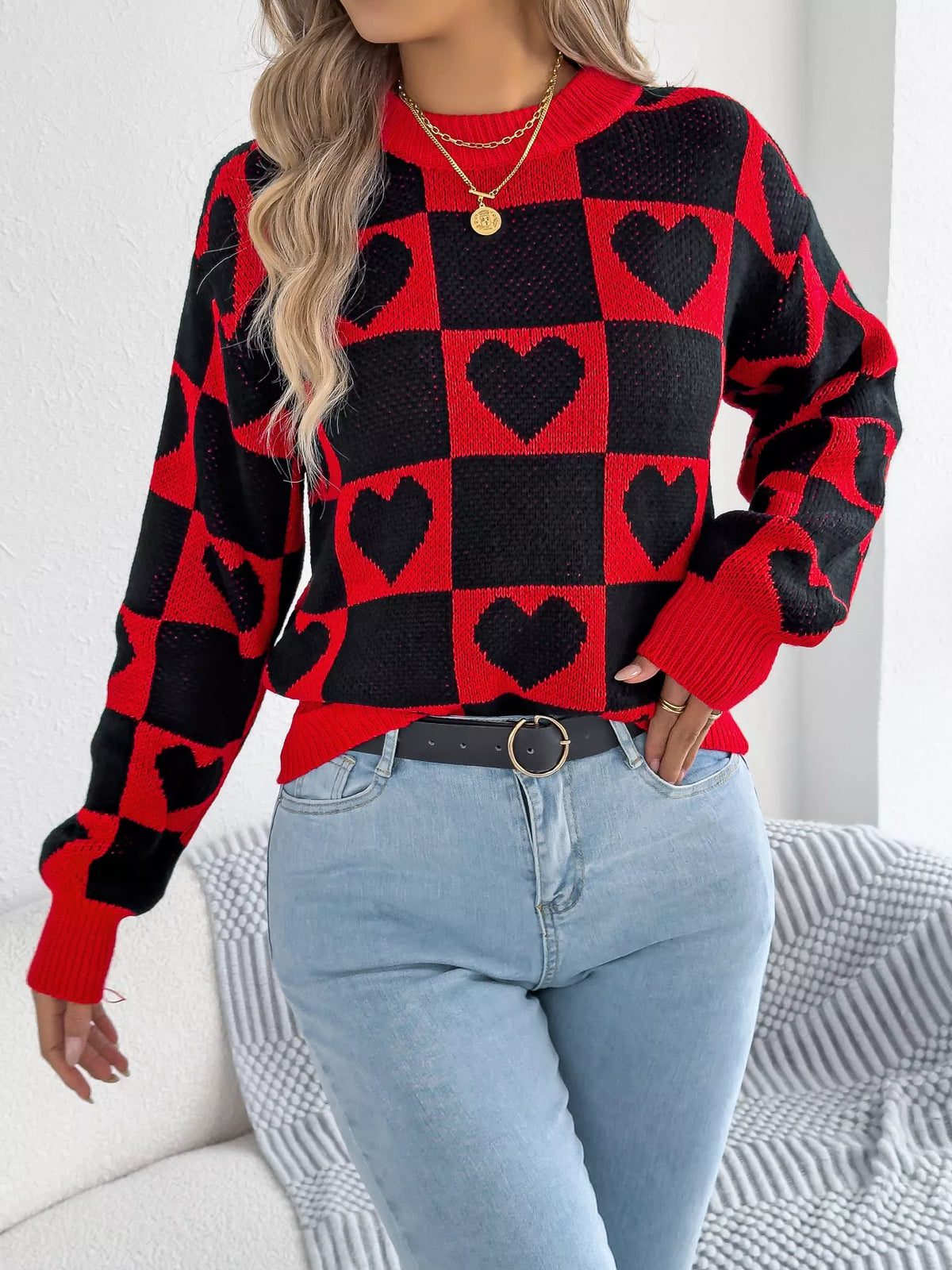 Heart Checkerboard Pattern Round Neck Sweater