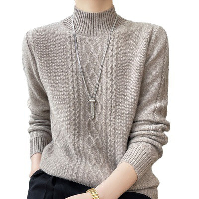 New Fall Winter Women Thick Knit Sweater, Mock Neck Cable Pattern Loose Fit Pullover, Casual Warm Basic Long Sleeve Underwear Top