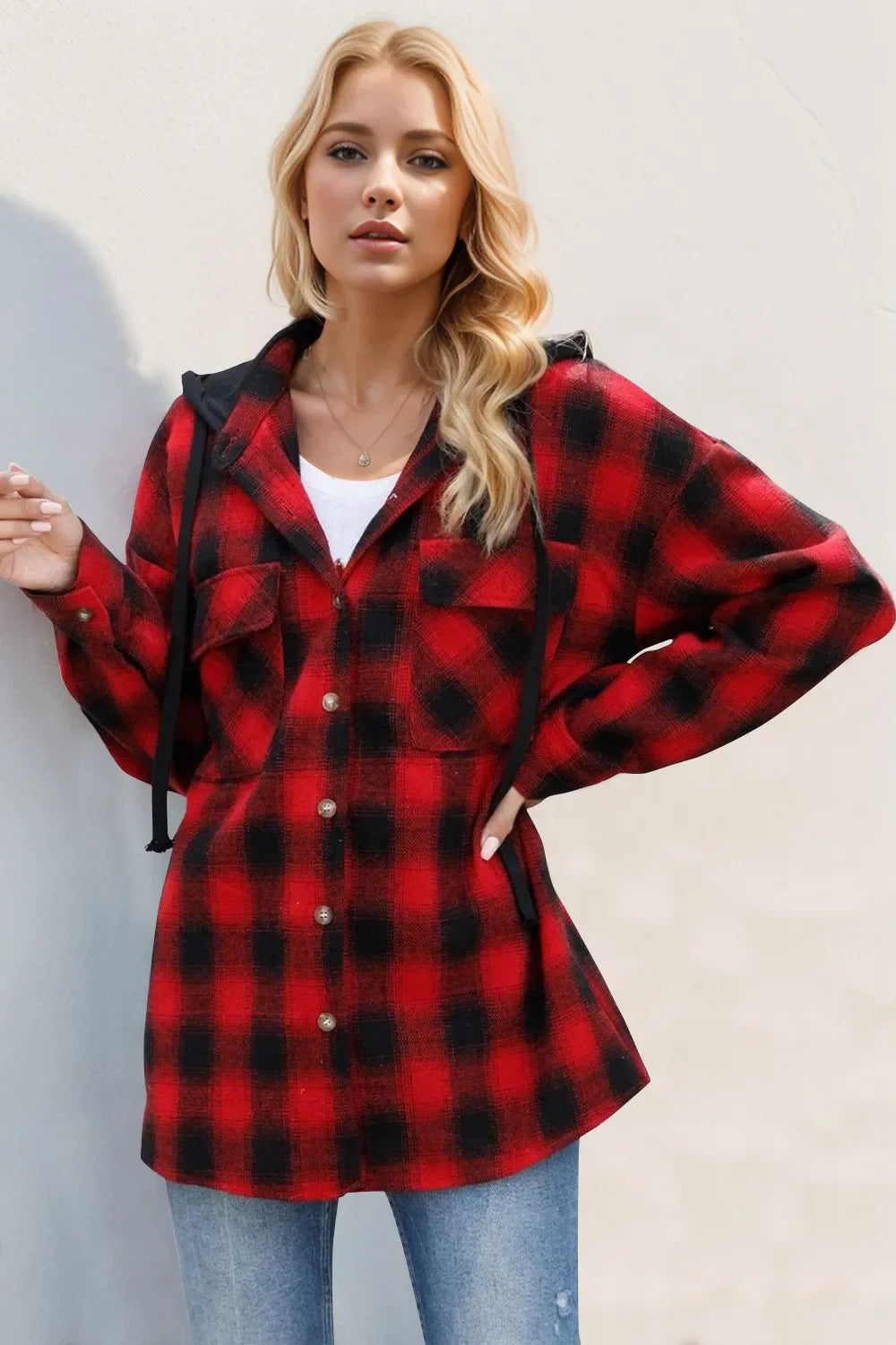 Chaqueta de cuadros con capucha, mangas largas y cordón ajustable Double Take