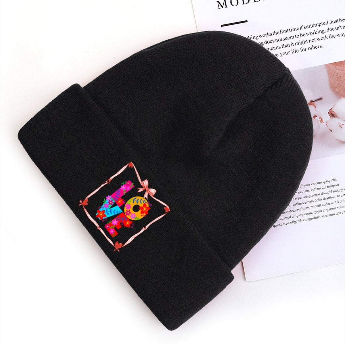 Floral LOVE Faux Knit Warm Winter Beanie Hat (Made in USA)