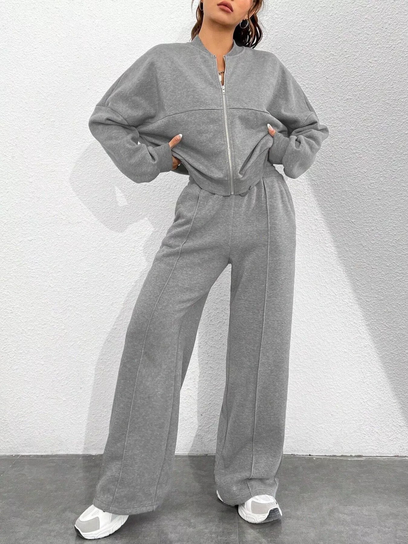 Conjunto de chaqueta con cremallera de color liso informal y pantalones de pernera ancha