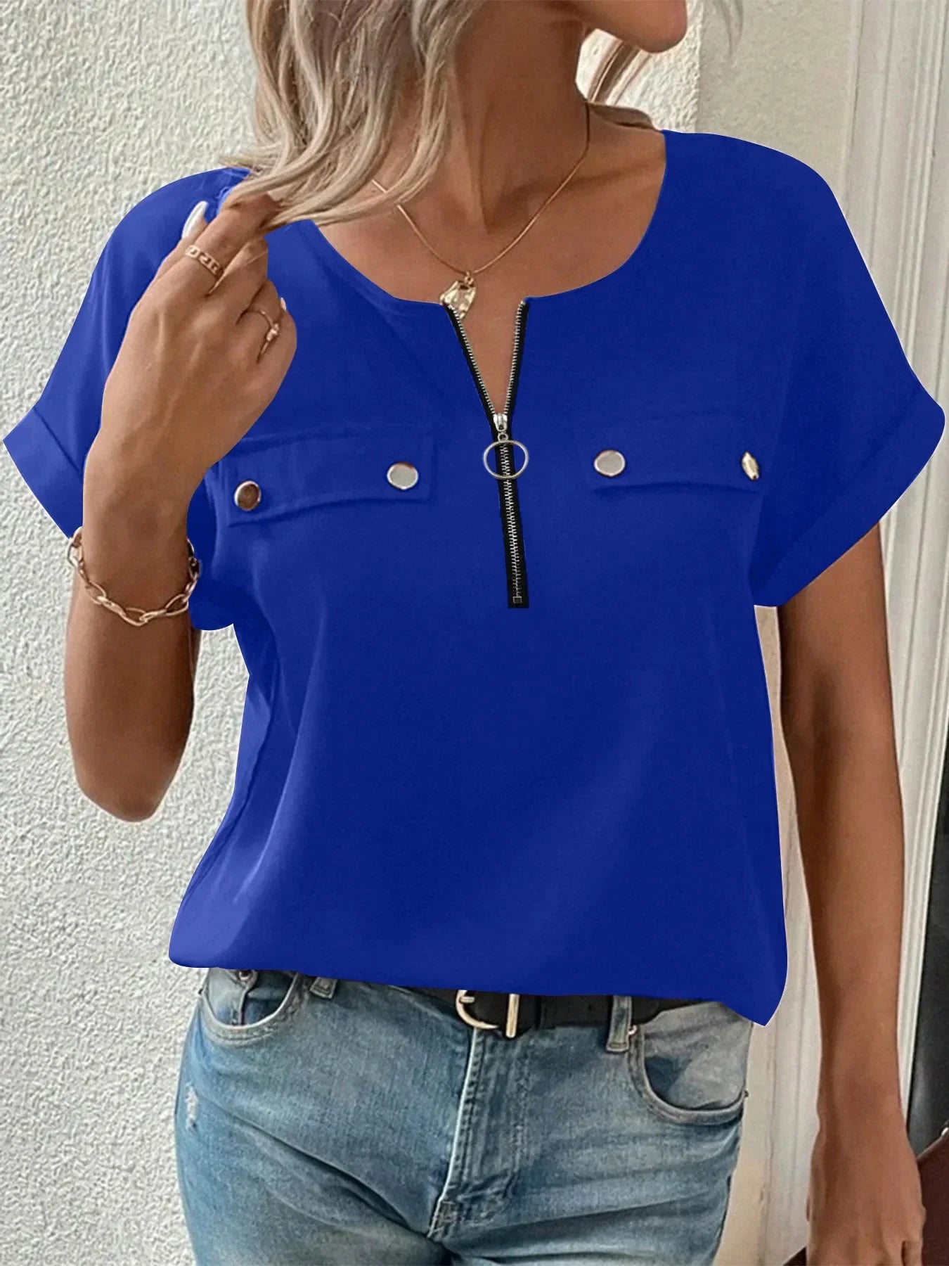Casual Zipper Front Short Sleeve Blouse