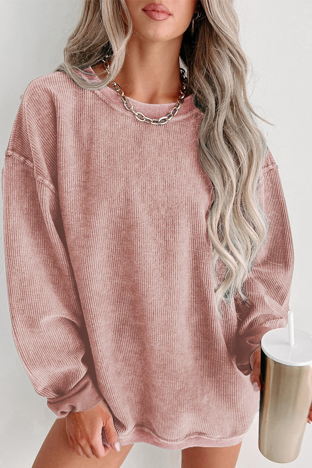 Sudadera Rosa Sólida de Punto Acanalado y Cuello Redondo