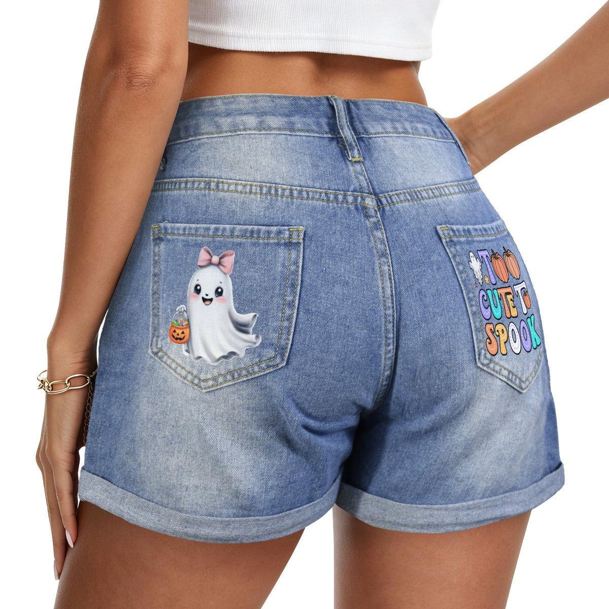 Too Cute to Spook Ghost Light Blue Denim Shorts with Dual Pockets Design