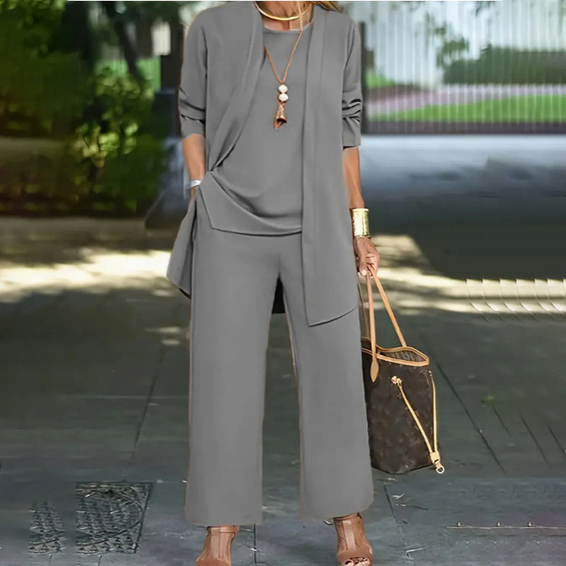 Conjunto informal de 3 piezas de talla grande para mujer, cárdigan abierto, chaleco sin mangas, pantalones, conjunto de salón de color liso