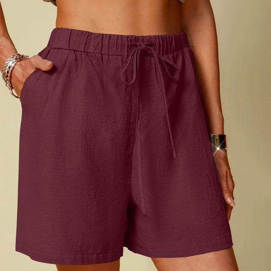 Pantalón Corto Ancho de Lino y Algodón de Color Liso para Mujer