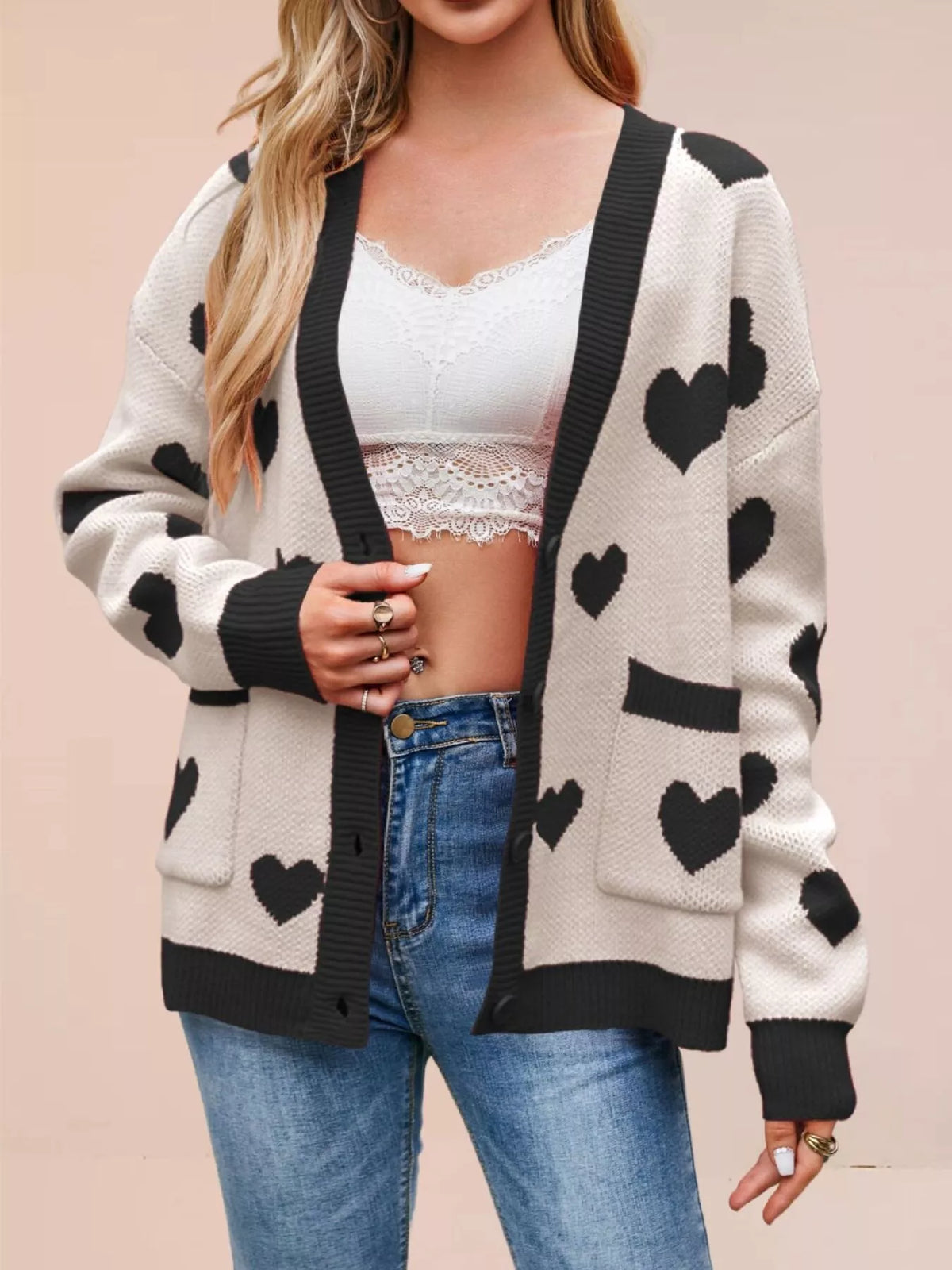 Heart Pattern V-Neck Button-Down Knit Cardigan