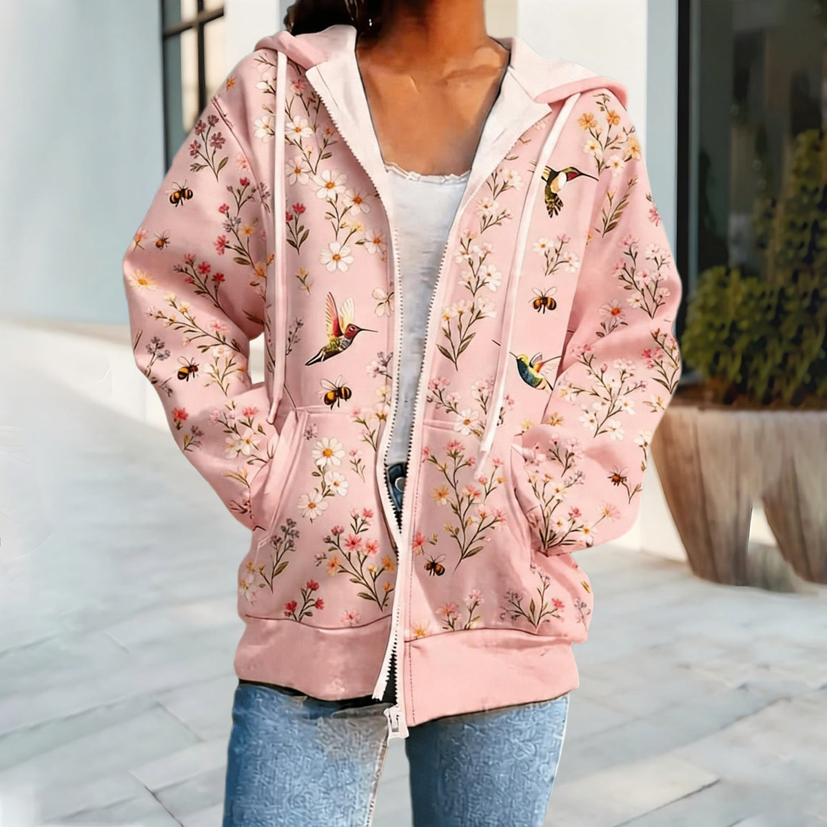Cross Border European And American Style Women's Hooded Cardigan Casual Sweatshirt With Small Floral Digital Print And Zipper, Foreign Trade Supply For Autumn And Winter