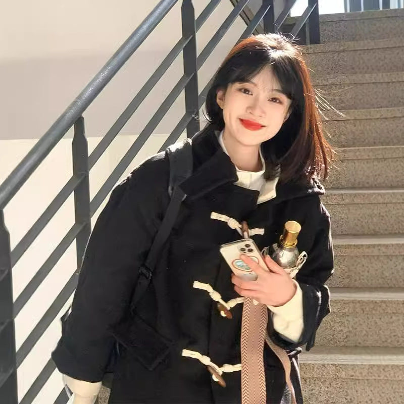 Long Black Toggle Button Wool Coat Women's Woolen Coat
