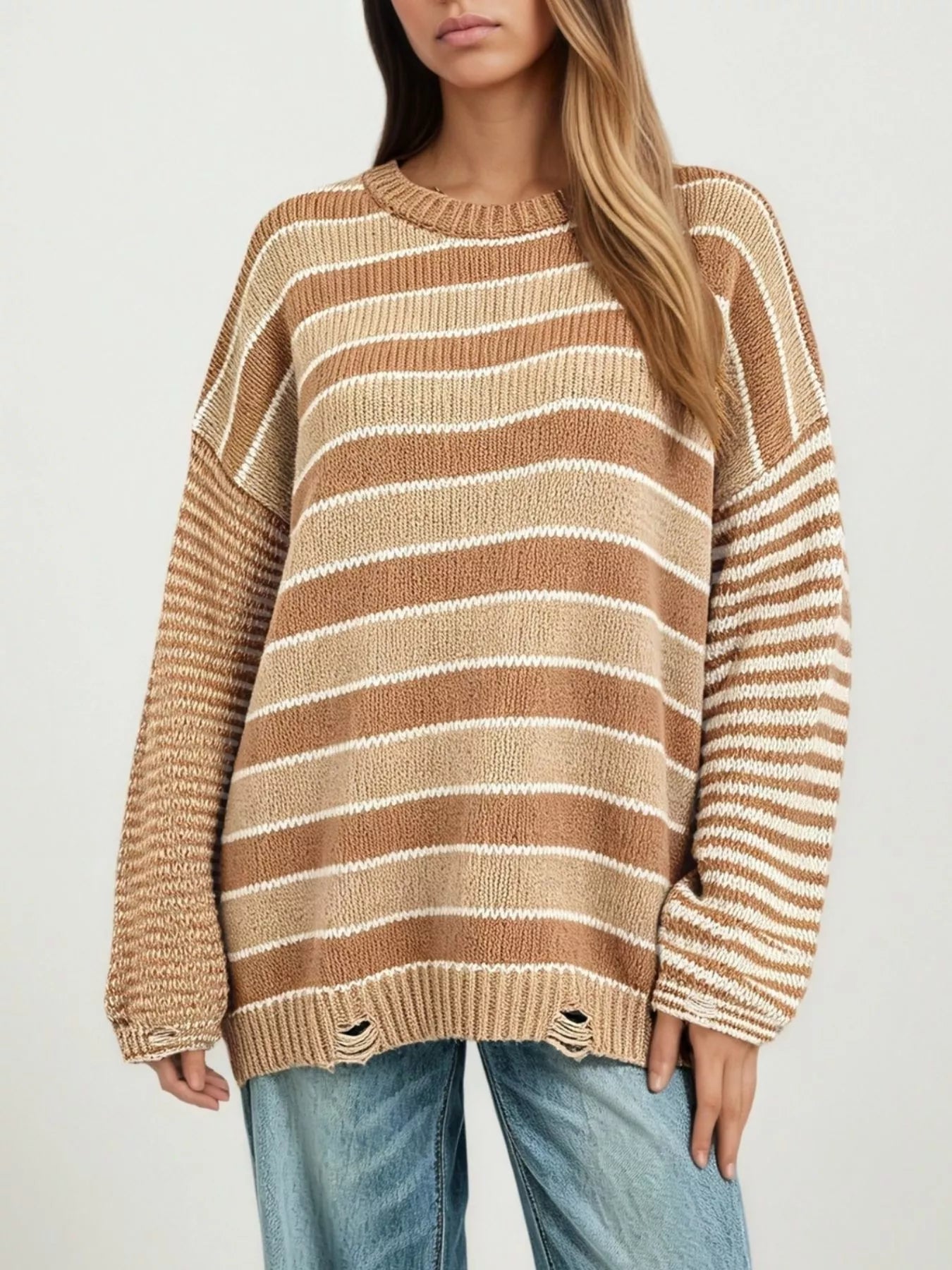 Oversized Striped Distressed Sweater