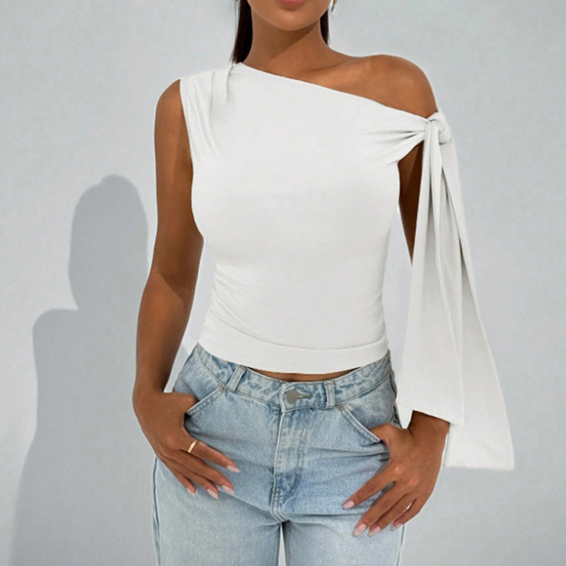 Top asimétrico con lazo en un hombro para mujer – Camisa para salir y fiesta