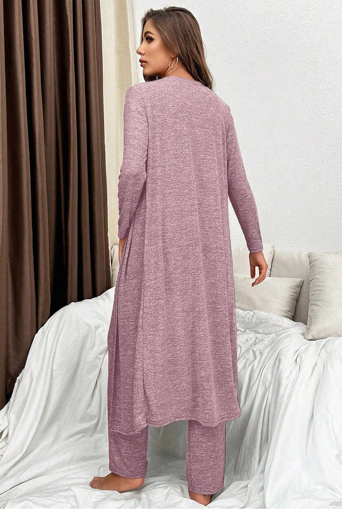 Conjunto de salón de 3 piezas: camiseta con cuello en V, pantalón con lazo anudado y chaqueta abierta