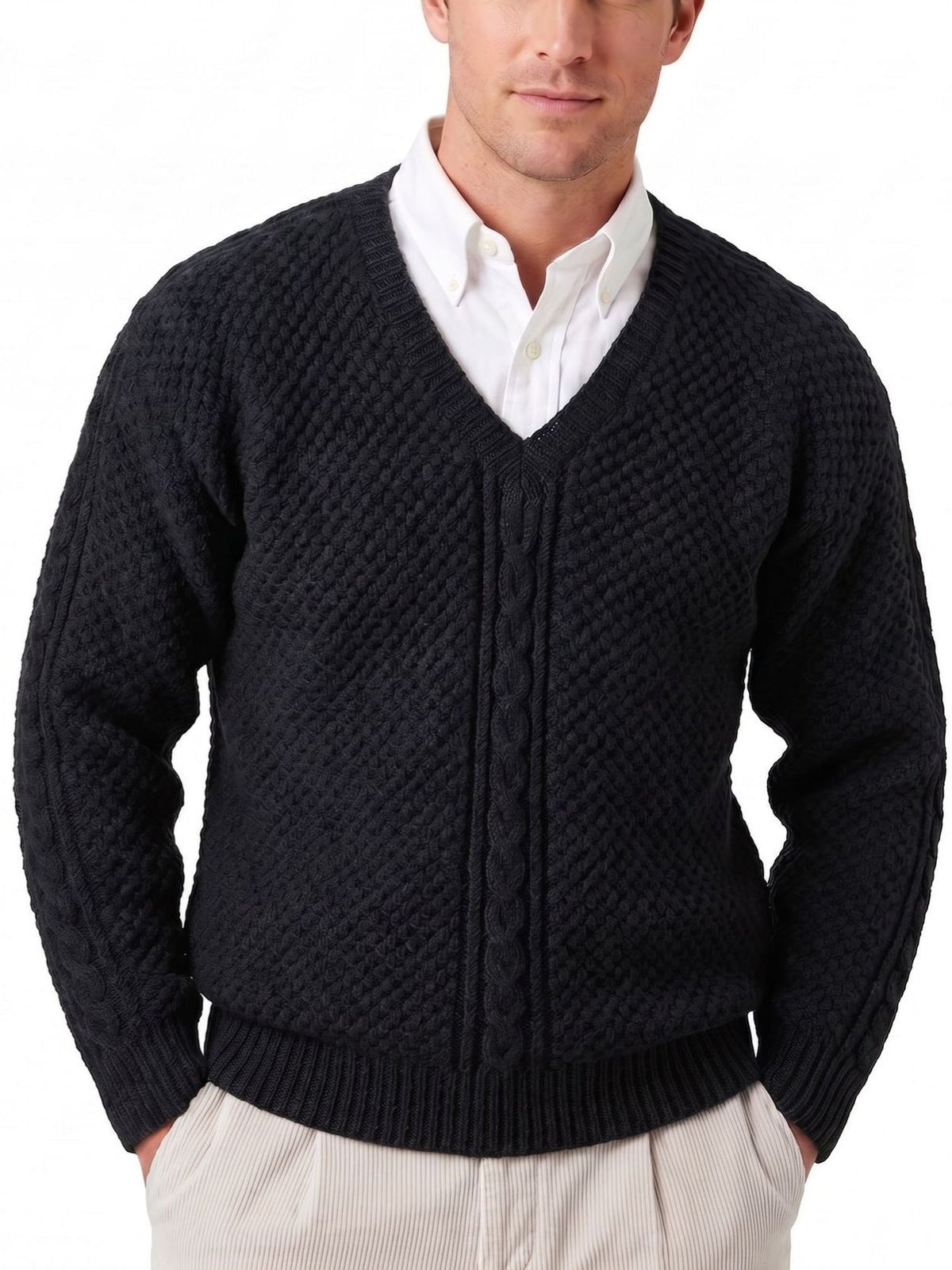 Mens V-neck Cable-Knit Solid-Color Sweater