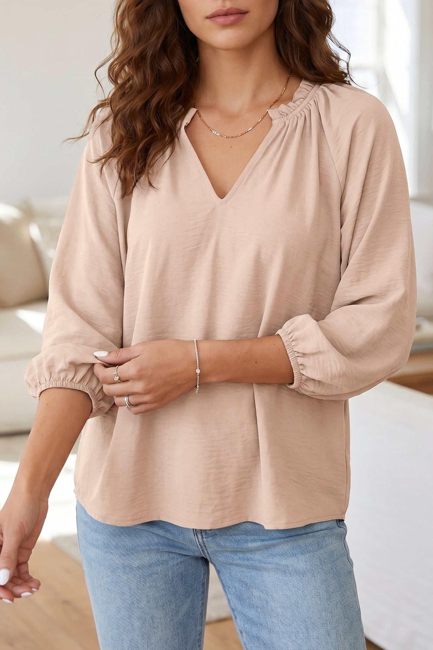 Parchment V Neck Gathered Cuff Three Quarter Sleeve Blouse