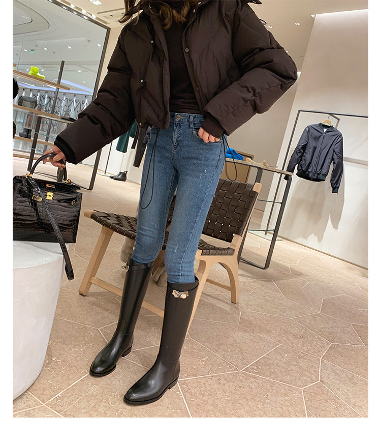 Round Head Metal Buckle Below The Knee Knight Boots